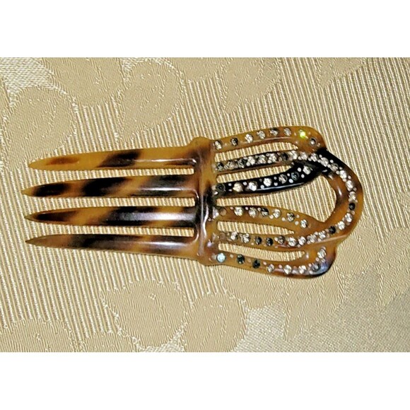 VTG Victorian hair comb faux Tortoise Shell hair ornament w/rhinestones - Picture 3 of 15